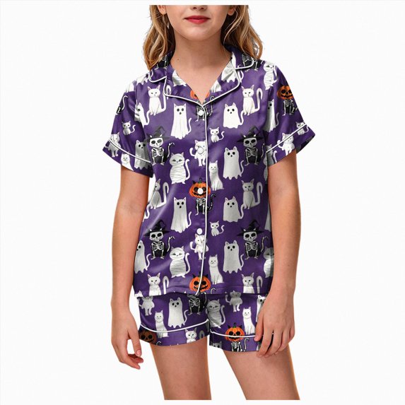 UAYOTSE Kids Satin Loungewear Sleep Set, Girls Button‑Up Collar Short‑Sleeve Top and Shorts, Breathable Nightwear for Indoor Lounging Size 6-7 Years