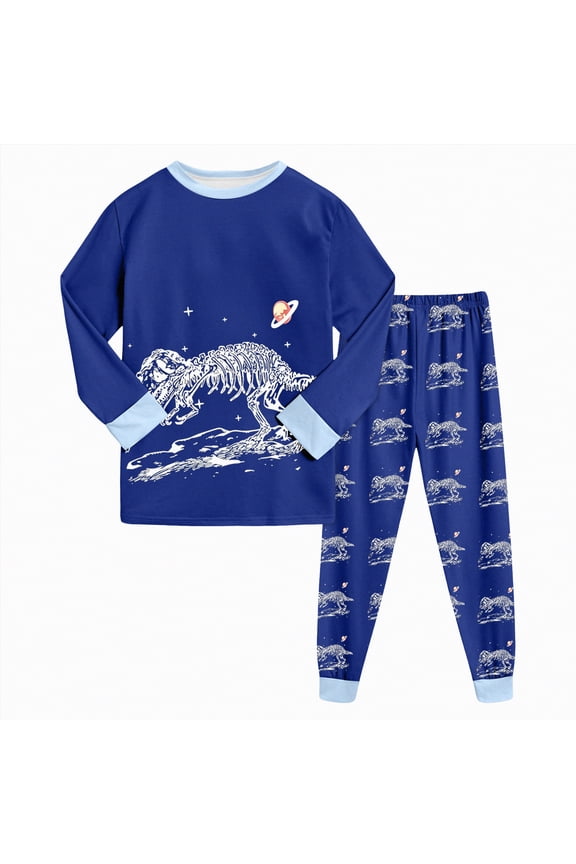 Little Boy Space Pajama Set 100% Cotton Dinosaur Sleepwear Long Sleeve Pjs(7-8 Years,Z34-Dark Blue)