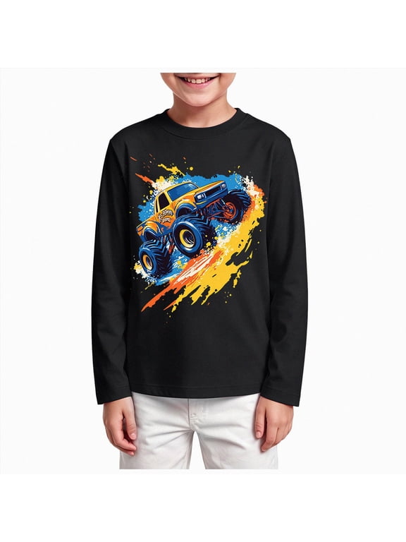 Little Boys Black Long Sleeve Graphic Tees Kids Cool Off Road Truck Print Crew Neck Shirts,Sizes 4-5 Years