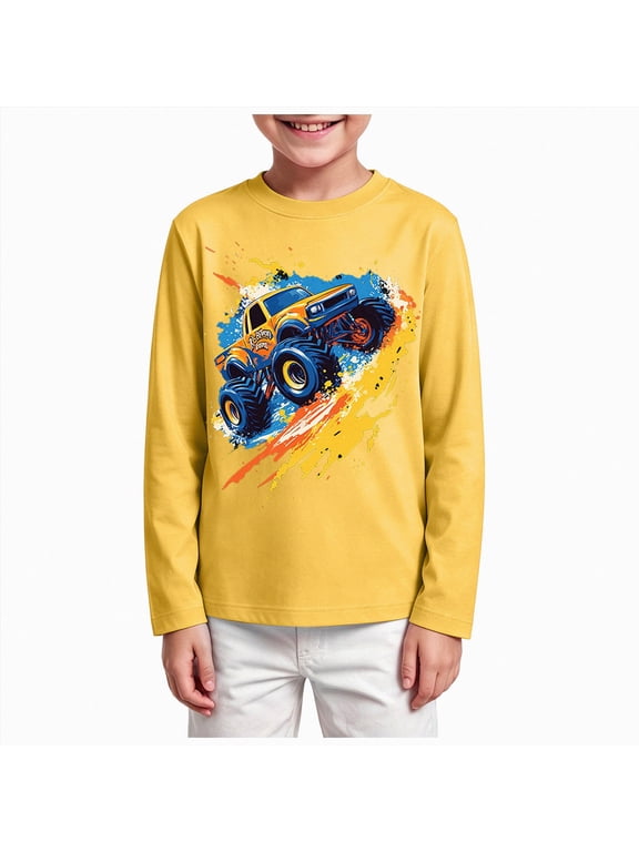 Little Boys Black Long Sleeve Graphic Tees Kids Cool Off Road Truck Print Crew Neck Shirts for School,Sizes 5-6 Years