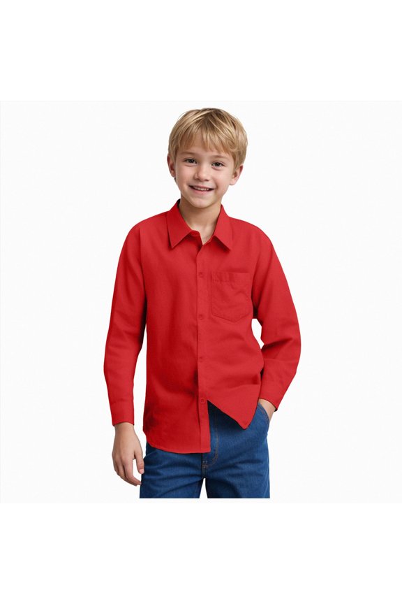 Little Boys Classic Point Collar Dress Shirts Kids Soft Breathable Long Sleeve Pocket Blouses,Sizes 7-8 Years