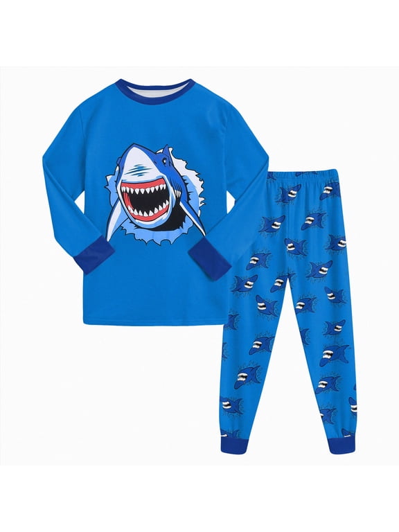 Little Boys Long Sleeve Sleepwear Outfit 2T 3T 4T 5T 6T 7T 8T 9T Crew Neck Tee and Matching Cuffed Trousers Ferocious Shark Print 2Pcs Night Wear Kit