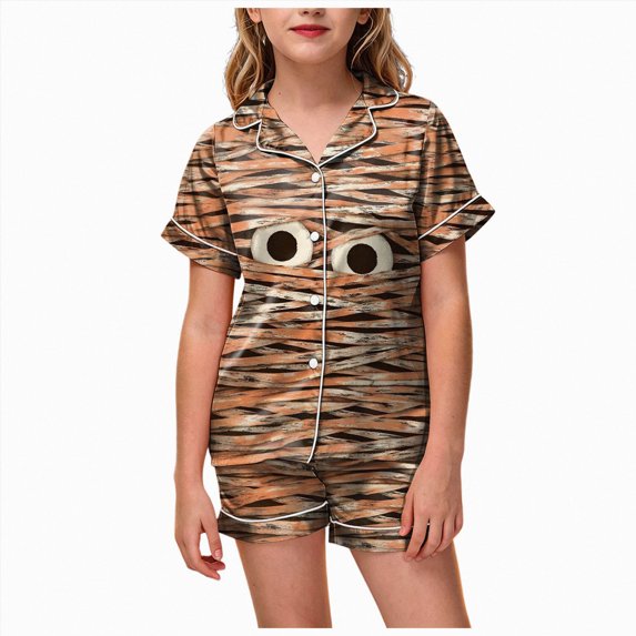UAYOTSE Little Girls Satin Button‑Front Loungewear Set, Collared Short Sleeve Top and Shorts, Versatile Night Outfit for Indoor Activities Size 10-11 Years