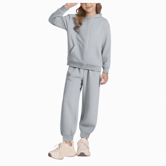UAYOTSE Little Girls Solid Zip Up Hoodie Pocket Jogger Pants 2Pcs Casual Tracksuit Outfit Set,Sizes 13-14 Years