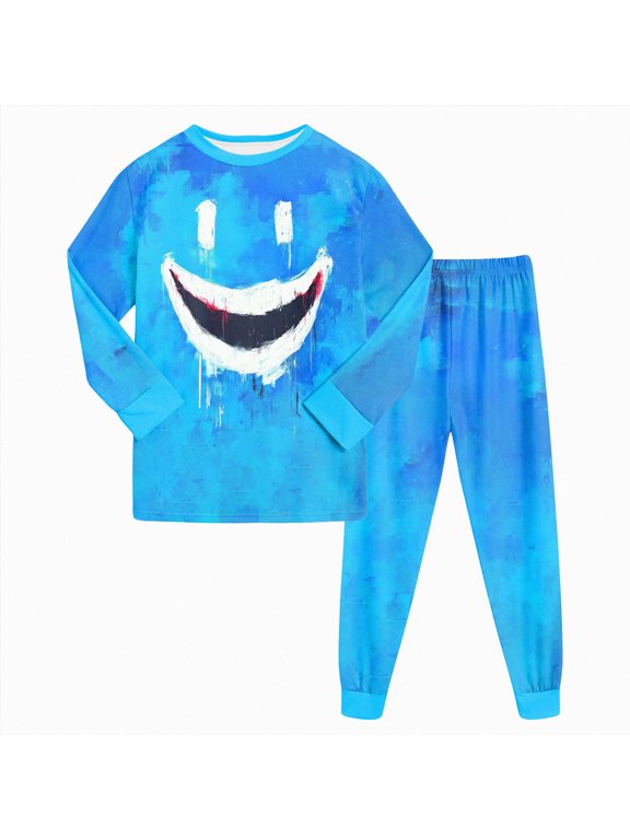 Little Kids Fall Halloween Pajama Set 2‑Piece Long‑Sleeve Crew Top Cuffed Jogger Pants Bright‑Blue Base Funny Big‑Mouth Monster Face Full‑Print Kids Sleepwear Size 2-3 Years