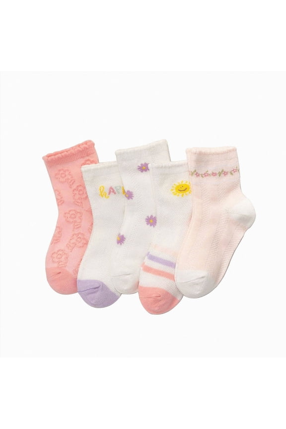 Little Kids Thin Air Permeable Mesh Short Socks Assorted Flower Sun Striped Letter Pattern Elastic Cuff Comfort Socks,Sizes 1-3 Years