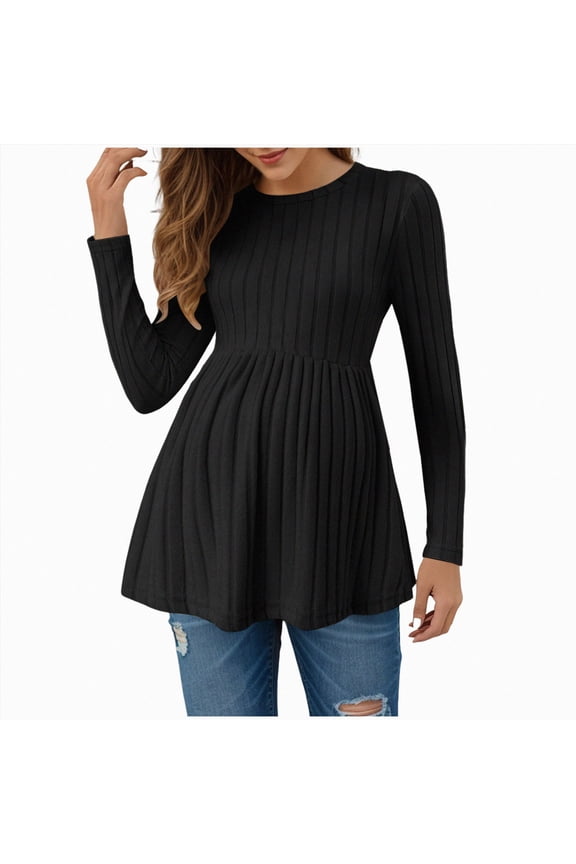 Maternity A-Line Tunic Shirt Ribbed Knit Long Sleeve Empire Waist Flowy Pregnancy Top for Autumn Winter,Sizes M