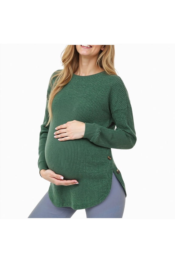 Maternity Long Sleeve Ribbed Top Crew Neck Stretch Side Button Detail Flattering Pregnancy Sweater for Autumn,Sizes M