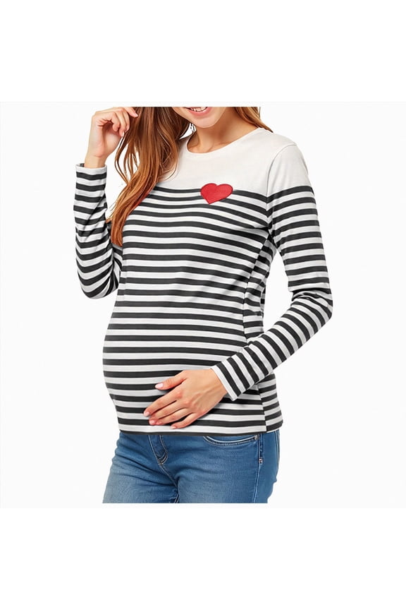 Maternity Long Sleeve Striped T Shirt Crew Neck Heart Print Pregnancy Top Stretch Casual Autumn Winter,Sizes XXL