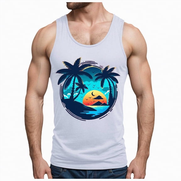 UAYOTSE Men's Beach Coconut Printed Cotton Like Sleeveless Vest for Leisure and Vacation,Sizes L