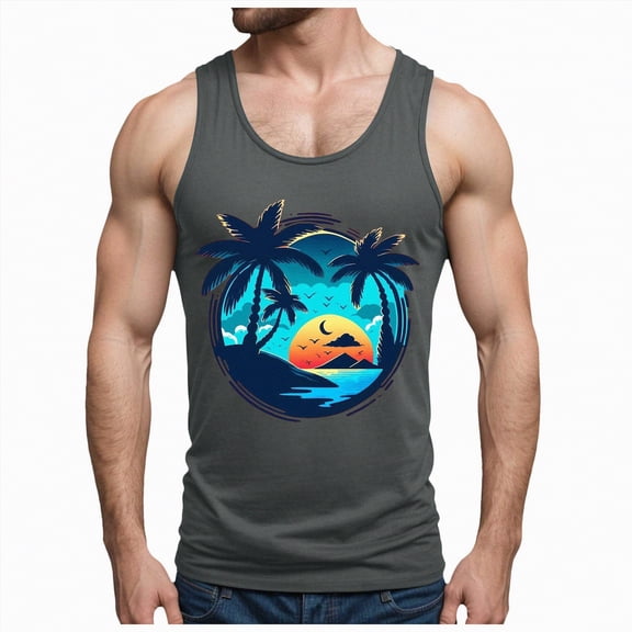 UAYOTSE Men's Beach Coconut Printed Cotton Like Sleeveless Vest for Leisure and Vacation,Sizes S