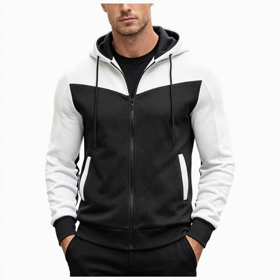 UAYOTSE Mens Color Block Fleece Full Zip Hooded Jacket Drawstring Long Sleeve Hoodie for Street Wear and Daily Training