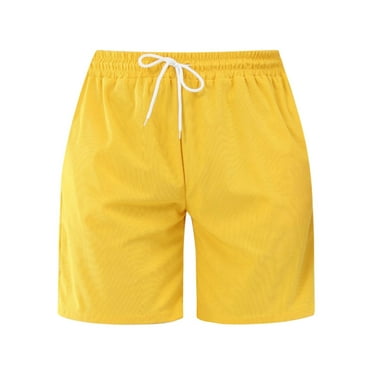 UAYOTSE Mens Linen Cotton Shorts Casual Elastic Wasit Drawstring Summer Beach Short Pants,Yellow S