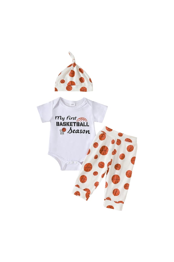 My First Basketball Season Baby Boy Girl Outfit Letter Short Sleeve Romper Pants Hat Set Summer Clothes(12-18 Months,White)