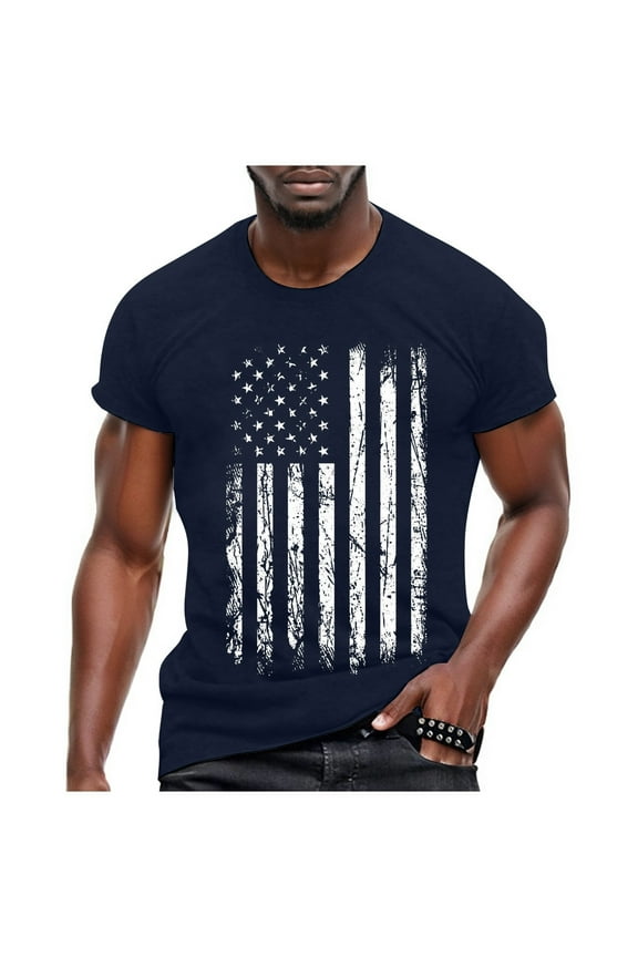 Patriotic Shirts for Men 4th of July, Short Sleeve Crew Neck US Flag Tshirt with Ripped Details XL Navy