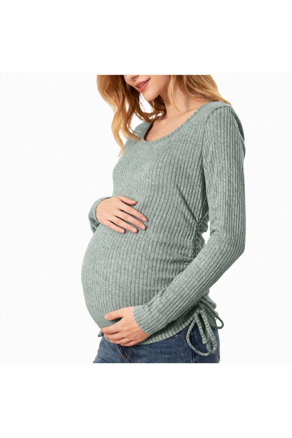Pregnant Women Wrap Nursing Long Sleeve Tops Ribbed Stretch Side Ruched Maternity Blouse Soft Daily Pregnancy Shirts,Sizes L