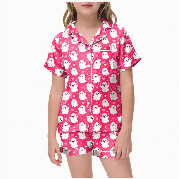 UAYOTSE Short‑Sleeve Collared Satin Pajama for Girls, Button‑Down Top and Sleep Shorts, Soft‑Touch Kids Home Pjs for Holiday‑Season Indoor Wear Size 8-9 Years