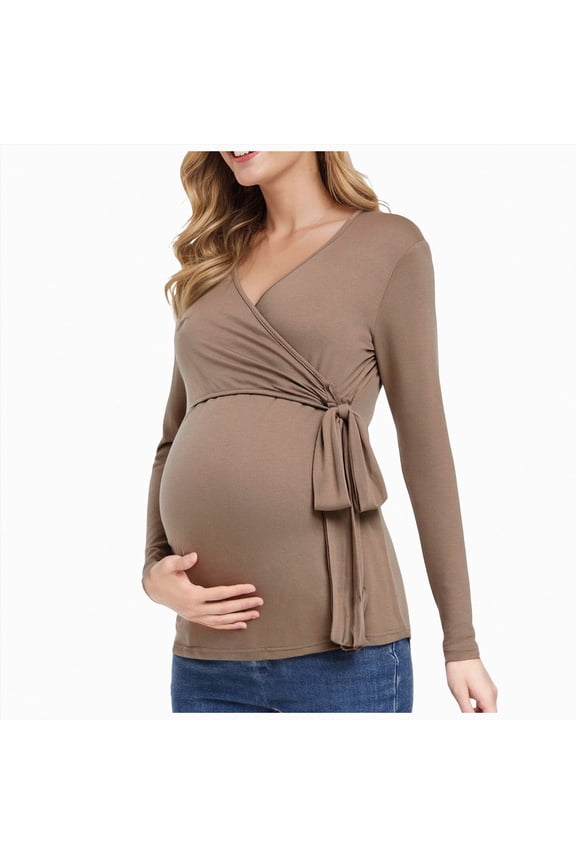 Side Tie Knot Wrap Nursing Long Sleeve Shirts Stretch Soft V Neck Maternity Blouse Casual Daily Pregnancy Tops for Women,Sizes XS