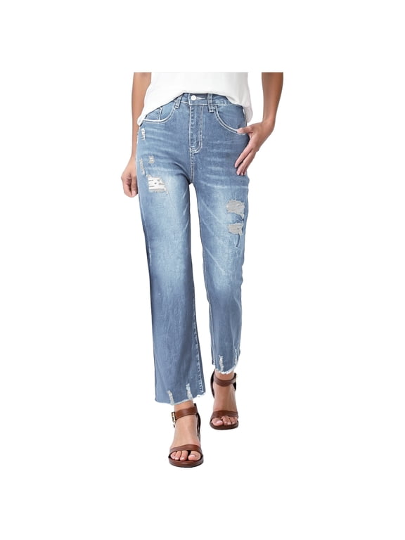 Straight Leg Jeans for Women High Waisted Stretchy Frayed Raw Hem Loose Denim Pants Casual Baggy Jean Trousers(A13-Blue,L)