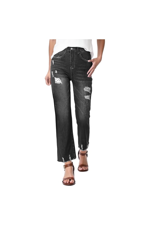 Straight Leg Jeans for Women High Waisted Stretchy Frayed Raw Hem Loose Denim Pants Casual Baggy Jean Trousers(A13-Blue,XL)