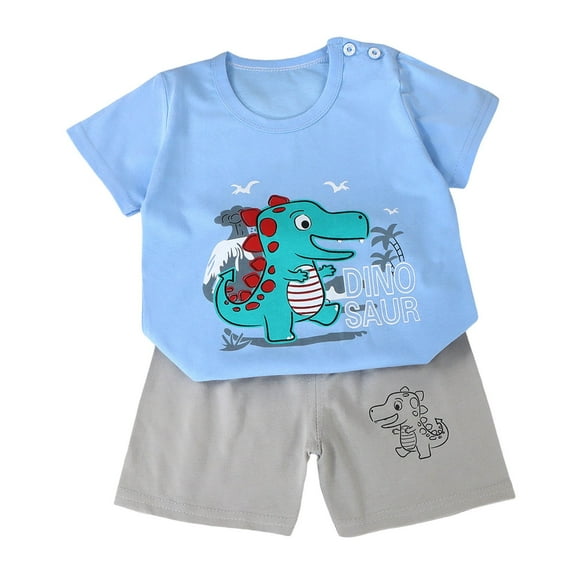 UAYOTSE Toddler Baby Boy Clothes Set Outfits Solid Short Sleeve Pocket Tops with Dinosaur Print Shorts 2PCS 2 3 year old boy clothes(3-4 Years,Light Blue)