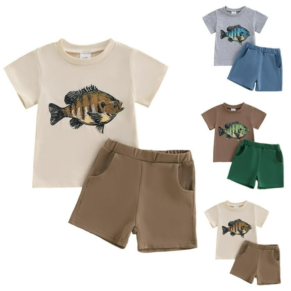 UAYOTSE Toddler Baby Boy Clothes Summer Fish Print Short Sleeve T Shirt Pockets Shorts Set 2 Piece Casual Outfits toddler boy clothes(12-18 Months,Khaki)