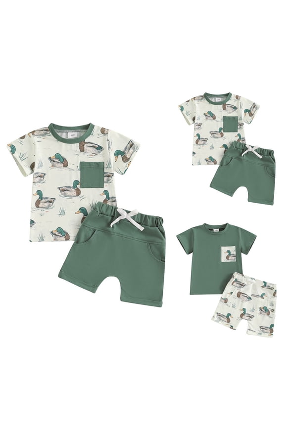 Toddler Baby Boy Outfit Summer Short Sleeve Mallard T Shirt Checkered Plaid Shorts Two Piece Clothes childs spring/summer clothes(18-24 Months,Beige)
