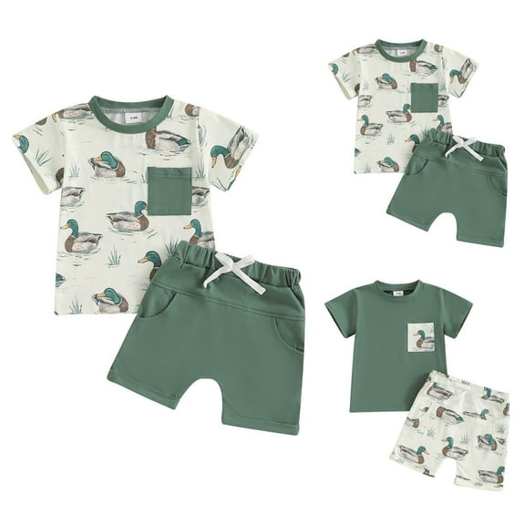 UAYOTSE Toddler Baby Boy Outfit Summer Short Sleeve Mallard T Shirt Checkered Plaid Shorts Two Piece Clothes kids clothes under $5 size 7 8 boy(6-12 Months,Green)