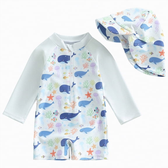 UAYOTSE Toddler Baby Boy Rash Guard Swimsuit Zipper Swimwear Bathing Suit Beachwear with Sun Hat,Sizes 12-18 Months