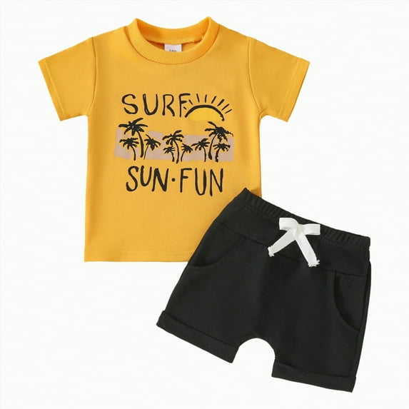 UAYOTSE Toddler Baby Boy Summer Clothes Funny Letter T Shirt Elastic Waist Pockets Shorts Set 2 Piece Outfit,Sizes 2-3 Years