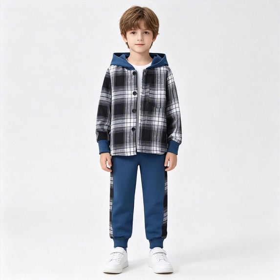 UAYOTSE Toddler Baby Boys Fall Outfits 3T 4T 5T 6T 7T Plaid Hooded Button Up Shirt and Jogger Pants 2 Piece Casual Clothes Set