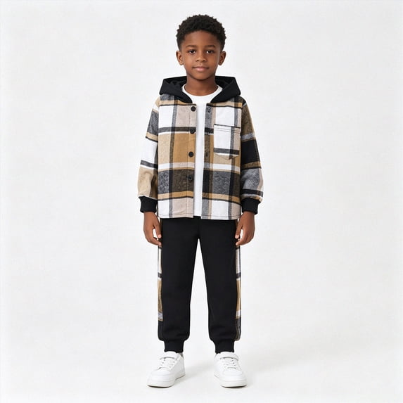 UAYOTSE Toddler Baby Boys Fall Outfits 3T 4T 5T 6T 7T Plaid Hooded Button Up Shirt and Jogger Pants 2 Piece Casual Clothes Set