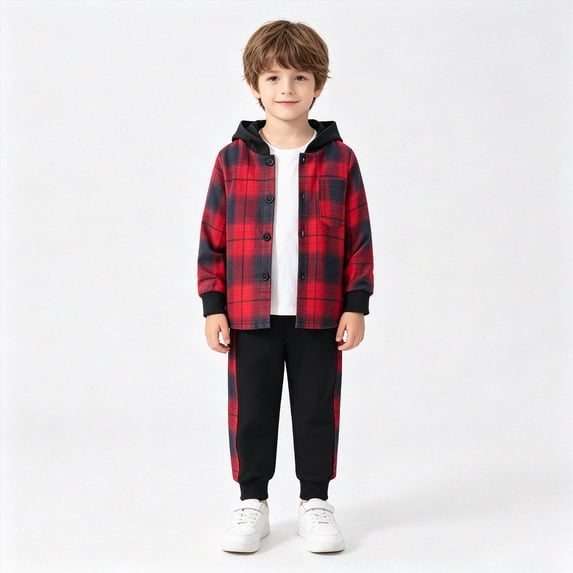 UAYOTSE Toddler Baby Boys Fall Outfits 3T 4T 5T 6T 7T Plaid Hooded Button Up Shirt and Jogger Pants 2 Piece Casual Clothes Set