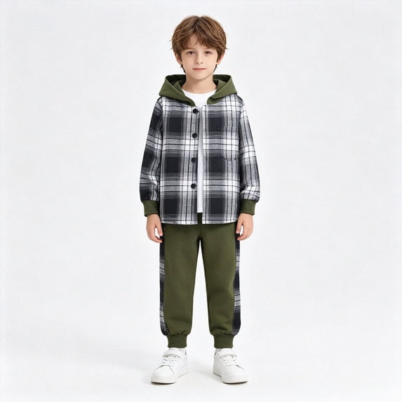 UAYOTSE Toddler Baby Boys Fall Outfits 3T 4T 5T 6T 7T Plaid Hooded Button Up Shirt and Jogger Pants 2 Piece Casual Clothes Set