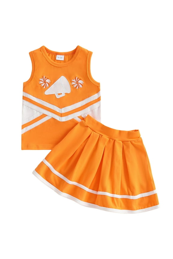 Toddler Baby Girl Cheerleader Outfit Shirt Tops Skirt Set Cheer Outfit Halloween Cheerleading Clothes(12-18 Months,I63-Orange)