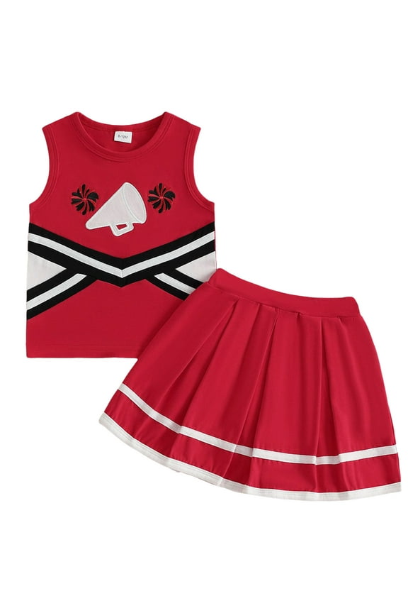 Toddler Baby Girl Cheerleader Outfit Shirt Tops Skirt Set Cheer Outfit Halloween Cheerleading Clothes(2-3 Years,I160-Red)