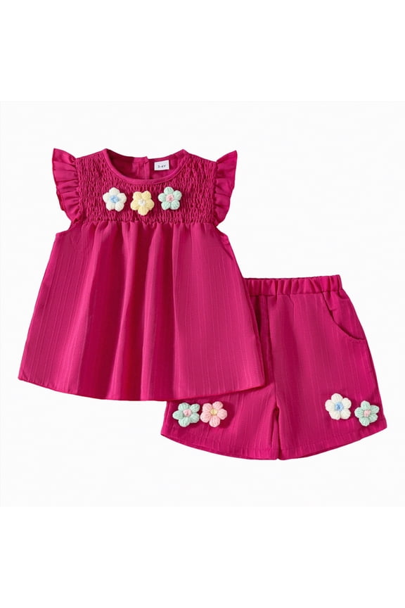 Toddler Baby Girl Summer Clothes 3D Flower Ruffle Sleeveless Smocked Tunic Top Shorts Set Cotton Linen Outfit 2Pcs,Sizes 3-4 Years