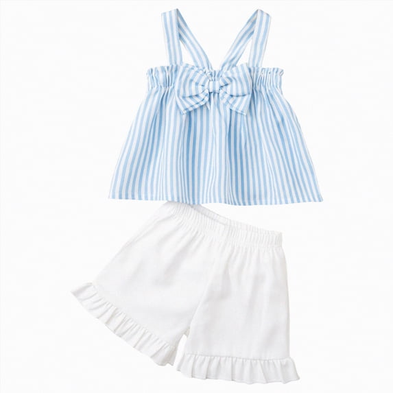 UAYOTSE Toddler Baby Girl Summer Clothes Cute Cotton Linen Outfits Bow Short Sleeve Shirts Tops + Ruffle Shorts 2 Piece Set,Sizes 4-5 Years