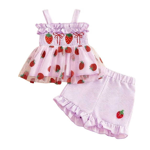 UAYOTSE Toddler Baby Girl Summer Outfit Strawberry Bow Embroidered Straps Girls Tops and Shorts,Sizes 6-12 Months