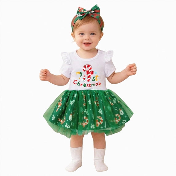 UAYOTSE Toddler Baby Girls Christmas Casual Outfits 3 6 9 12 18 Months Short Sleeve Ruffle Top and Green Printed Tulle Dress Holiday Clothing