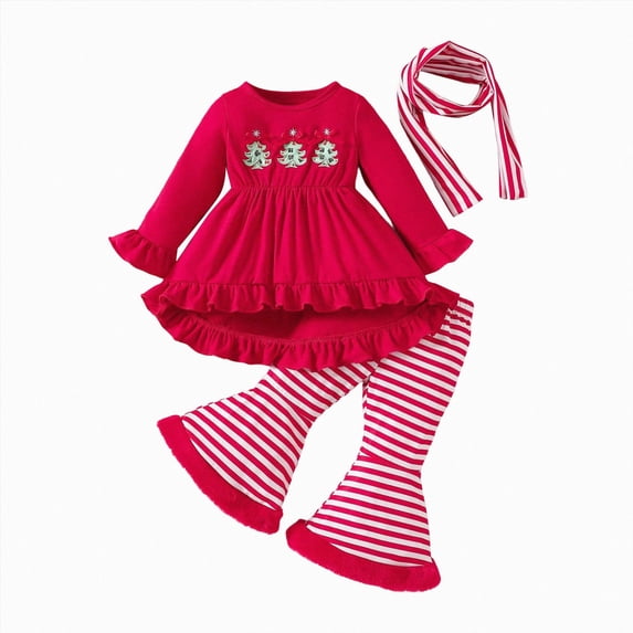 UAYOTSE Toddler Baby Girls Christmas Holiday Outfit 12 18 Months 2T 3T 4T 5T Ruffle Long Sleeve Dress Striped Flared Pants with Striped Sash Accessory