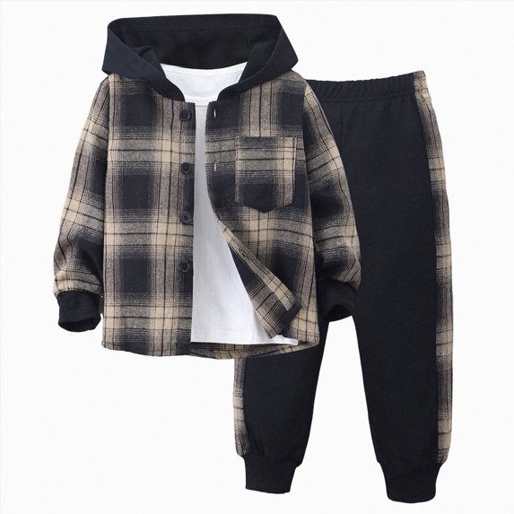 UAYOTSE Toddler Boy Fall Outfit Plaid Hooded Shirt Jacket and Jogger Pants 2 Piece Set