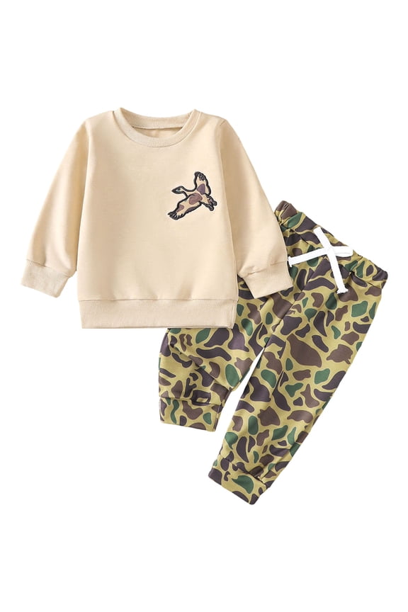 Toddler Boy Fall Winter Clothes Baby Camo Outfits Retro Embroidery Sweatshirts + Pants Set(3-4 Years,I184-Beige)