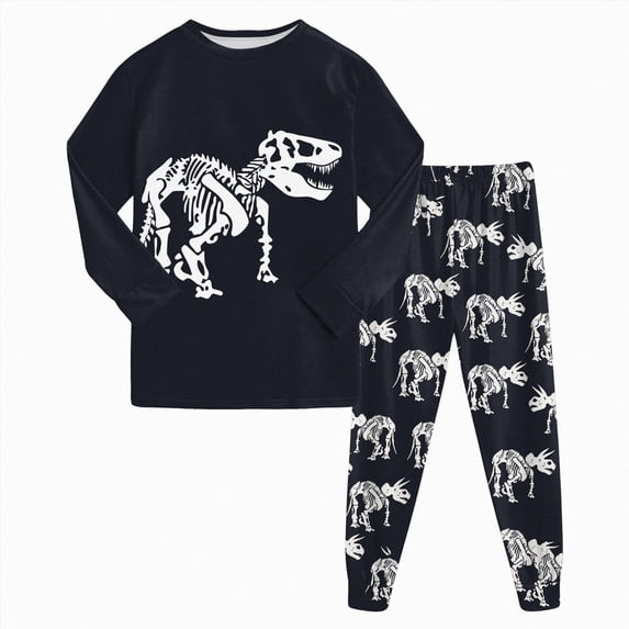 UAYOTSE Toddler Boys 2 Piece Pajama Set 2T 3T 4T 5T 6T 7T 8T 9T Crew Neck Long Sleeve Top and Cuffed Jogger Pants Black White Dinosaur Skeleton Print Indoor Home Sleep Loungewear