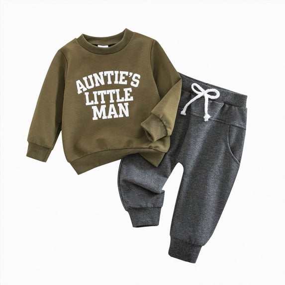 UAYOTSE Toddler Boys Aunties Little Man Letter Print Outfit Crewneck Sweatshirt Drawstring Pants Daily Fall Clothes Size 2-3 Years