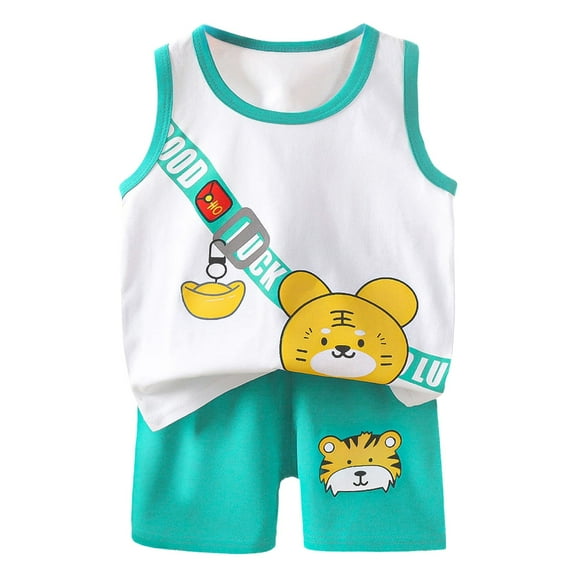 UAYOTSE Toddler Boys Baby Children's Cartoon Printed Vest Set Boys' Shorts Summer Cotton Girls' Summer Clothes Two Piece Set(6-9 Months,Green)