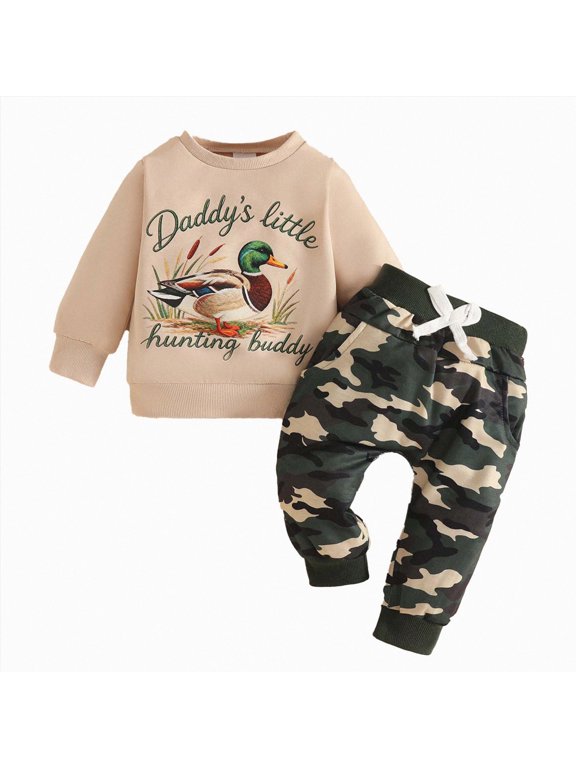 Baby Boys 2 Piece Hunting Outfit Duck Print Sweatshirt Camo Pants Toddler Play Set Size 6-12 Months