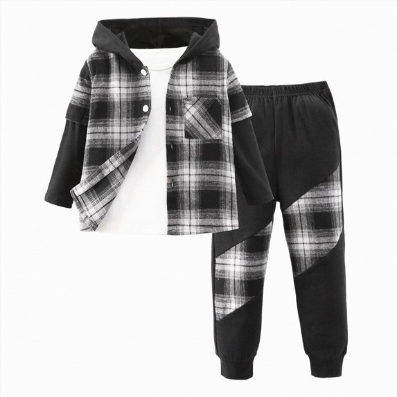 UAYOTSE Toddler Boys Fall Outfits 2T 3T 4T 5T 6T 7T Plaid Patchwork Hooded Jacket and Spliced Jogger Pants 2 Piece Clothes Set