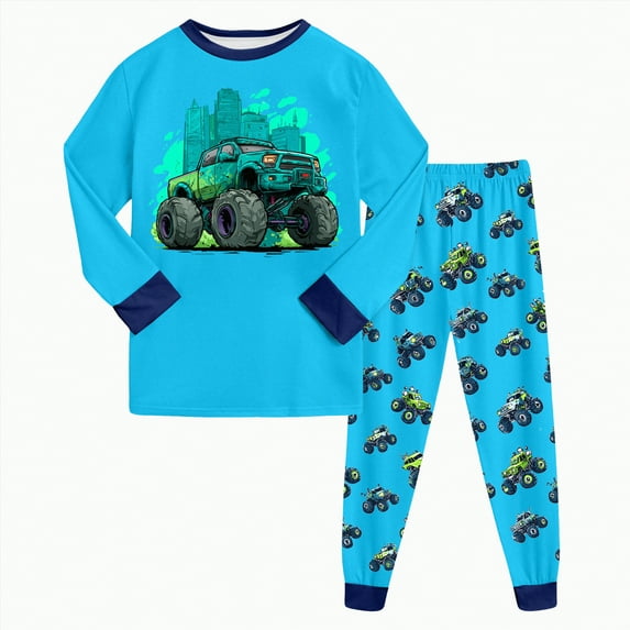 UAYOTSE Toddler Boys Pajamas Monster Truck 100% Cotton Kids Dinosaur 2 Piece Truck Pjs Sleepwear Clothes Sets(3-4 Years,Z56-Sky Blue)