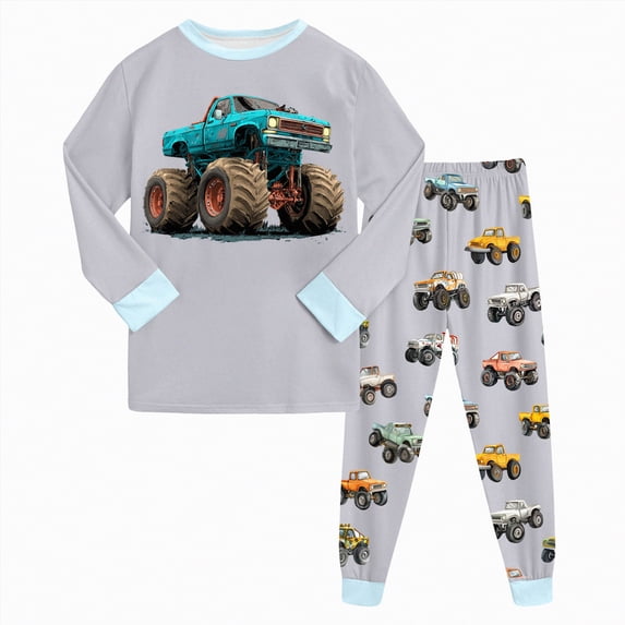 UAYOTSE Toddler Boys Pajamas Monster Truck 100% Cotton Kids Dinosaur 2 Piece Truck Pjs Sleepwear Clothes Sets(7-8 Years,Z55-Light Gray)